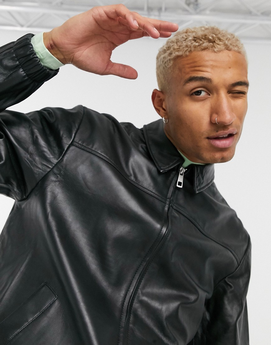 ASOS DESIGN leather harrington jacket in black The Fashionisto