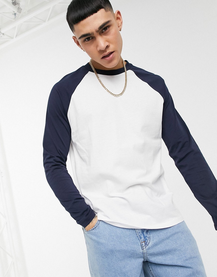 ASOS DESIGN long sleeve raglan t-shirt in white with contrast navy ...
