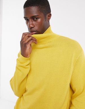ASOS DESIGN midweight cotton funnel neck sweater in mustard-Yellow ASOS DESIGN midweight cotton funnel neck sweater in mustard-Yellow