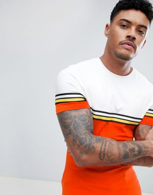 ASOS DESIGN muscle fit longline t-shirt with bright color block and taping in orange-Red ASOS DESIGN muscle fit longline t-shirt with bright color block and taping in orange-Red