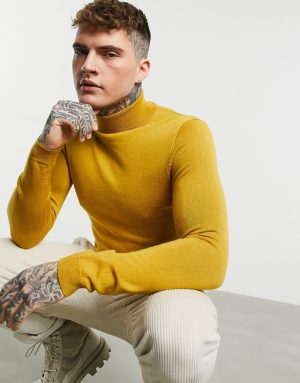 ASOS DESIGN muscle fit merino wool rollneck sweater in mustard-Yellow ASOS DESIGN muscle fit merino wool rollneck sweater in mustard-Yellow