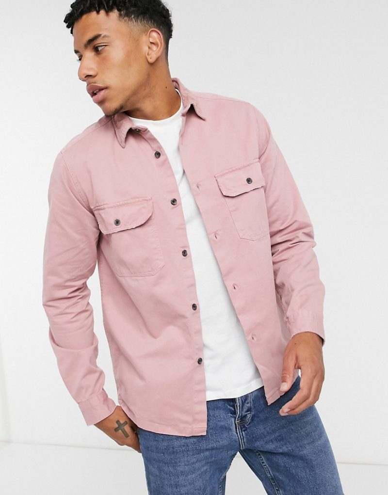 ASOS DESIGN overshirt with cord collar in dusky pink | The Fashionisto