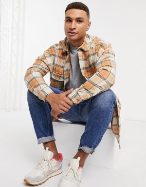 ASOS DESIGN oversized dropped shoulder wool mix check shirt in orange highlight ASOS DESIGN oversized dropped shoulder wool mix check shirt in orange highlight