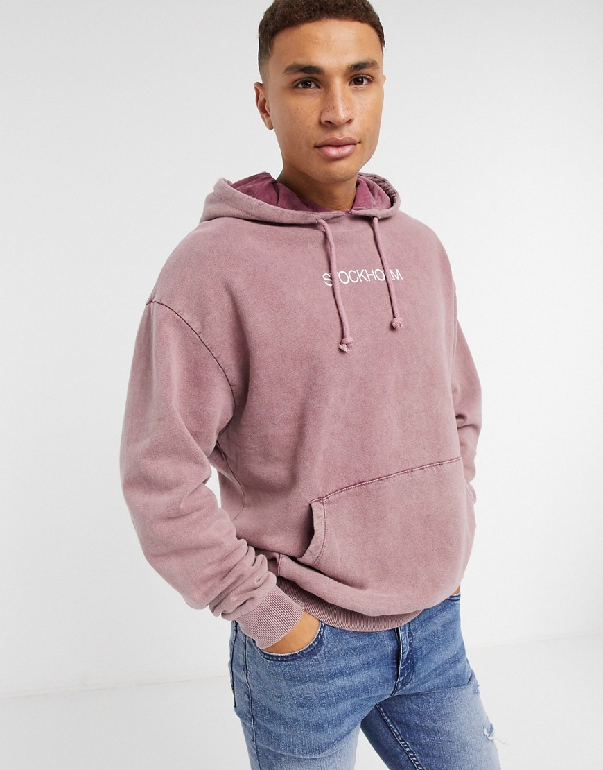 ASOS DESIGN oversized hoodie in red acid wash and city chest print ...