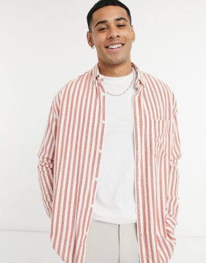 ASOS DESIGN peached cotton 90s oversized shirt in rust with narrow stripes-Orange ASOS DESIGN peached cotton 90s oversized shirt in rust with narrow stripes-Orange