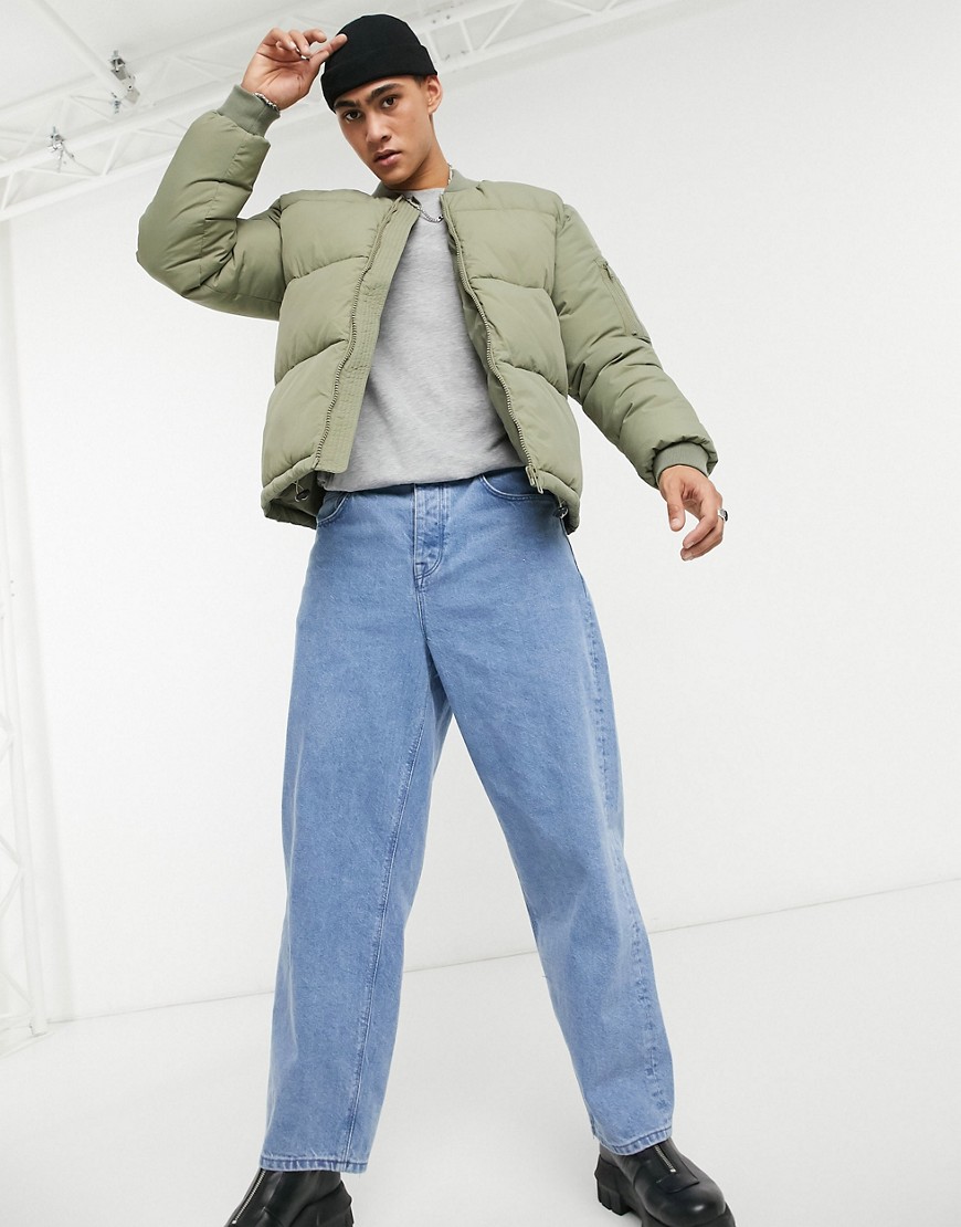 ASOS DESIGN puffer bomber jacket with MA1 pocket in green | The Fashionisto