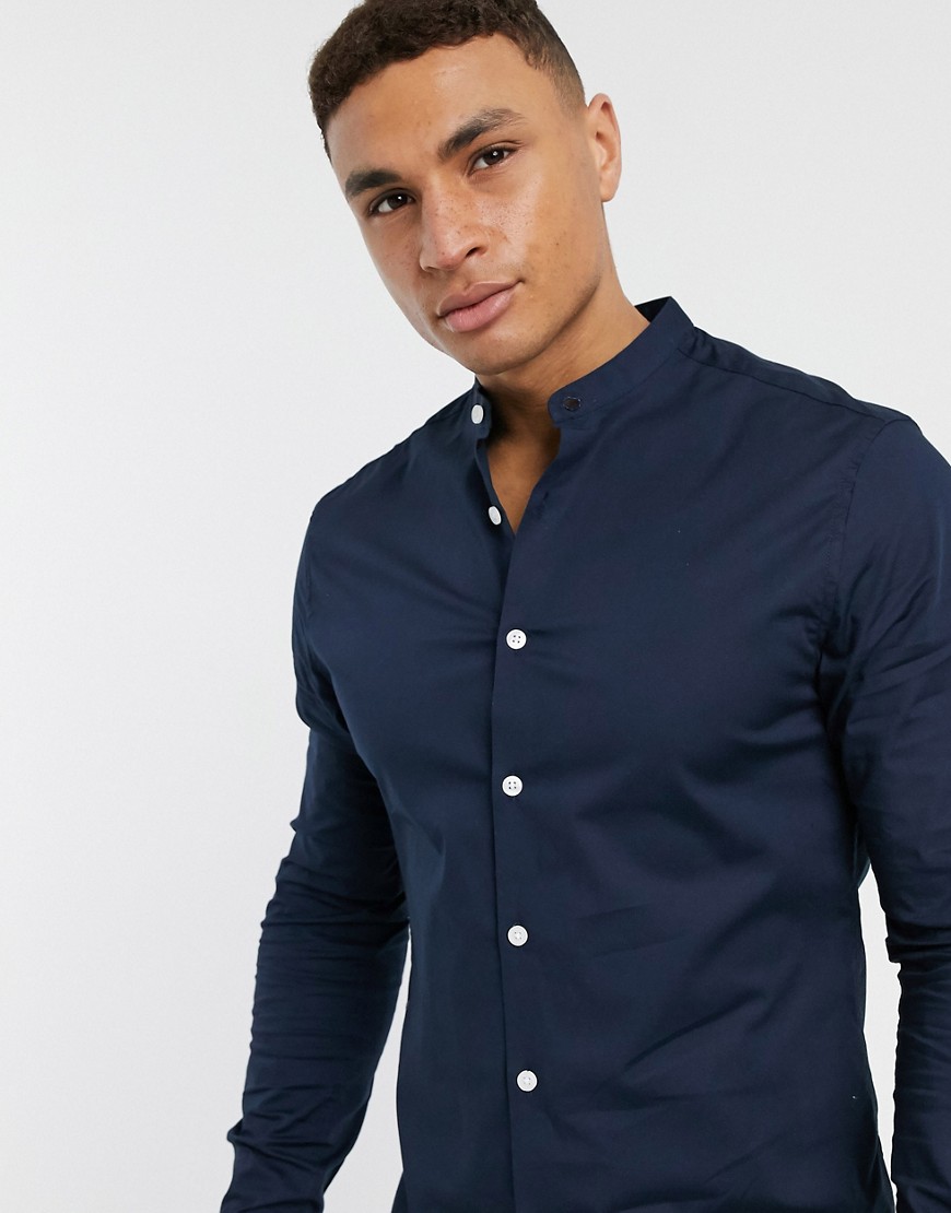 ASOS DESIGN skinny fit shirt with grandad collar in navy | The Fashionisto