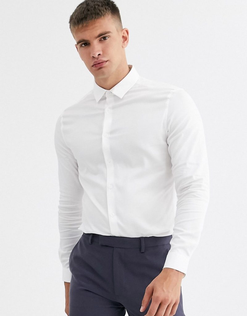 ASOS DESIGN skinny fit textured shirt in white | The Fashionisto