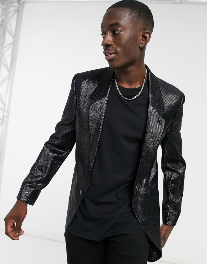 ASOS DESIGN skinny longline blazer in wet look black | The Fashionisto