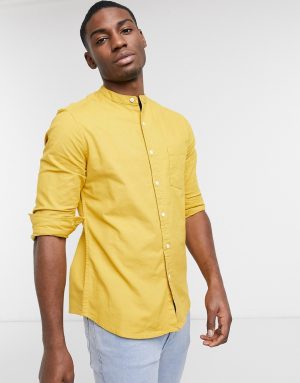ASOS DESIGN slim fit yarn dye organic oxford grandad shirt in mustard-Yellow ASOS DESIGN slim fit yarn dye organic oxford grandad shirt in mustard-Yellow