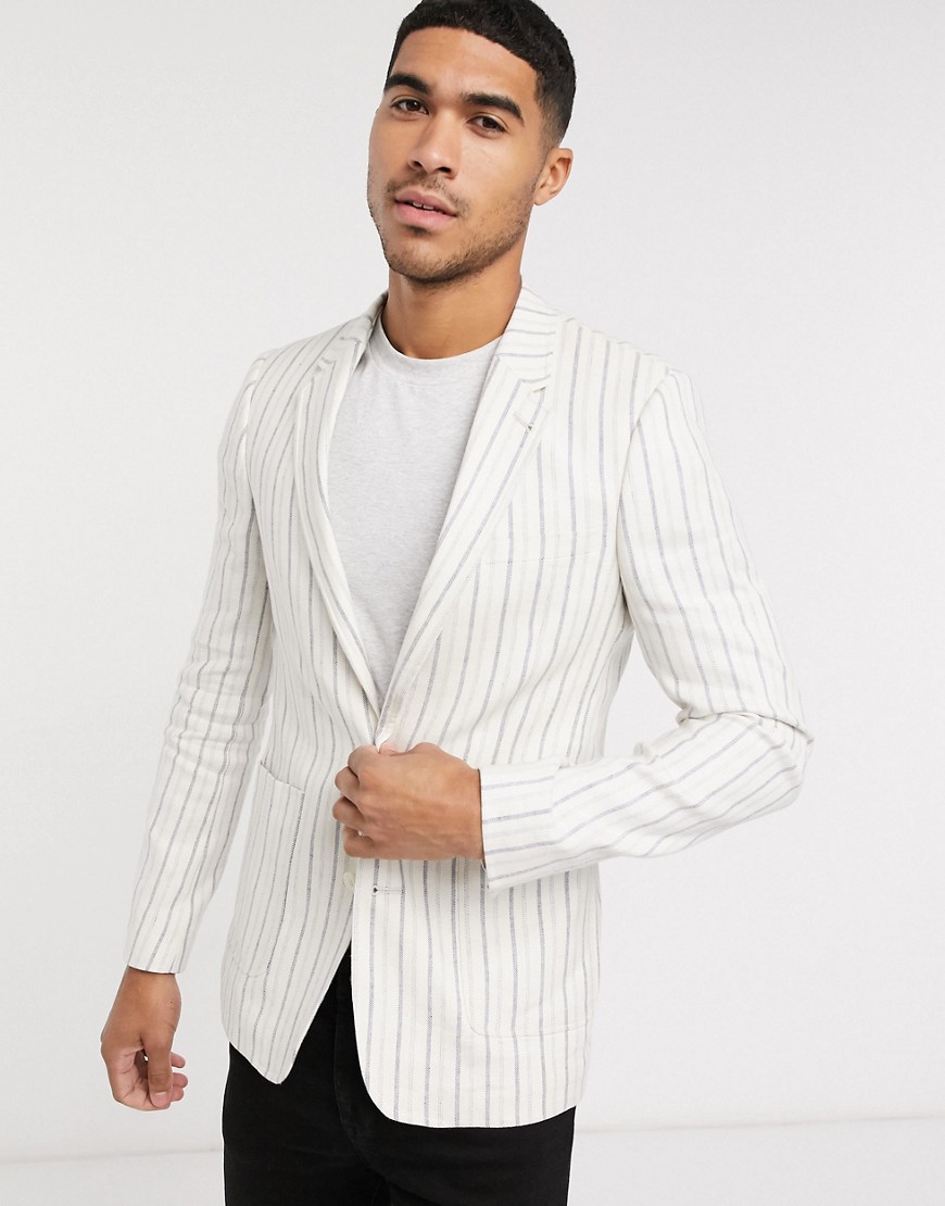 ASOS DESIGN super skinny blazer in stone and white linen stripe-Neutral ...
