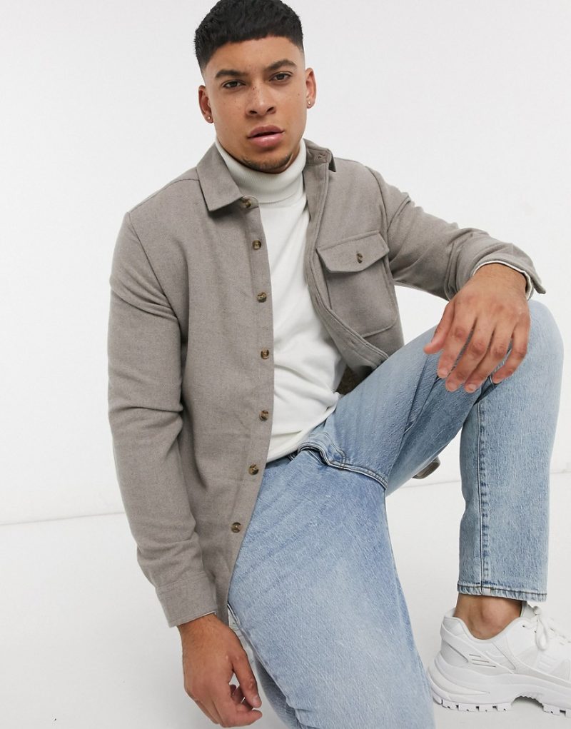 ASOS DESIGN wool mix overshirt in stone-Neutral | The Fashionisto