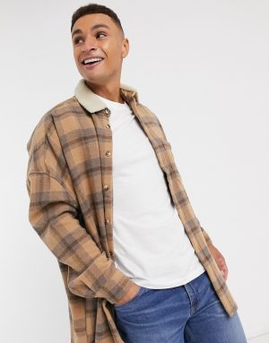 ASOS DESIGN wool mix oversized dropped shoulder plaid shirts in lilac and orange ASOS DESIGN wool mix oversized dropped shoulder plaid shirts in lilac and orange