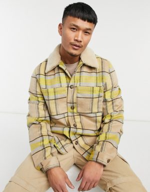 ASOS DESIGN wool mix shacket with quilted lining in yellow and ecru check ASOS DESIGN wool mix shacket with quilted lining in yellow and ecru check
