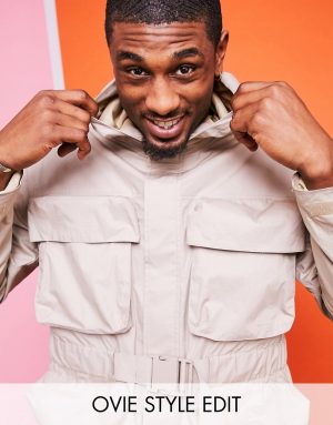 ASOS WHITE utility jacket with 3d pockets in beige nylon-Gray ASOS WHITE utility jacket with 3d pockets in beige nylon-Gray