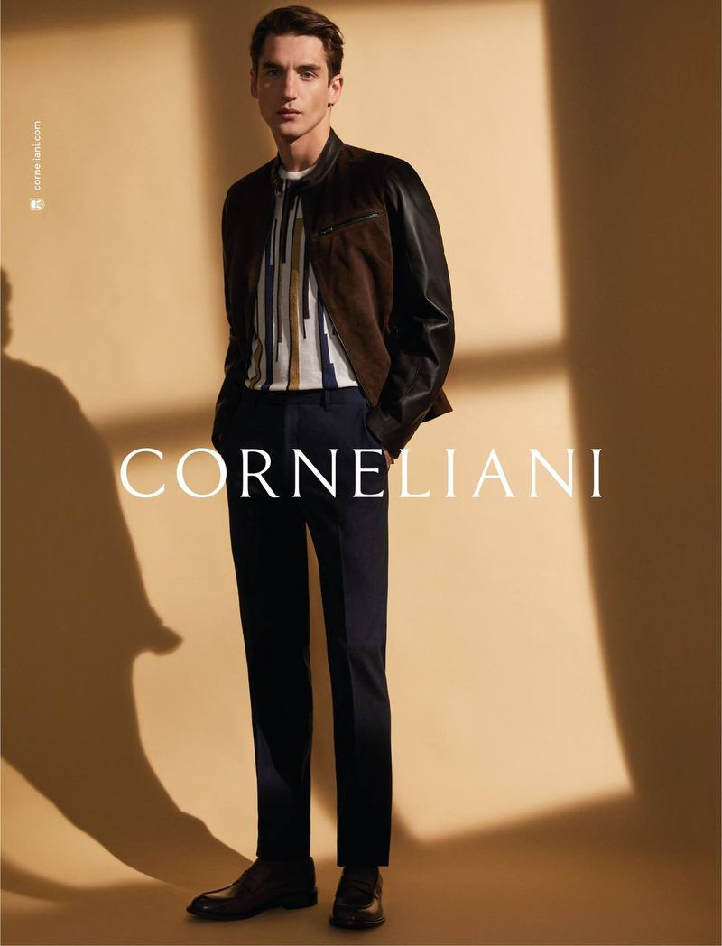 Sporting a suede and leather jacket, Anatol Modzelewski appears in Corneliani's spring-summer 2021 campaign.