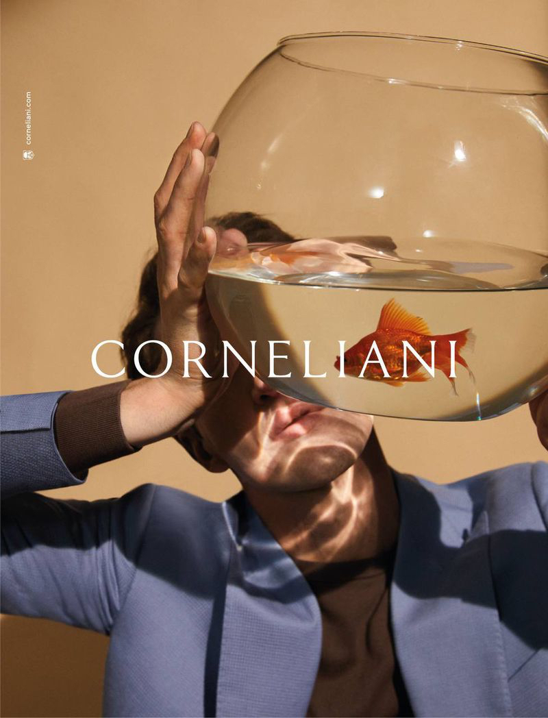 Holding a fishbowl, Anatol Modzelewski appears in Corneliani's spring-summer 2021 campaign.