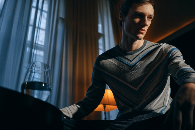 Model Tommaso de Benedictis dons a Giorgio Armani Intarsia wool sweater from Mr Porter.