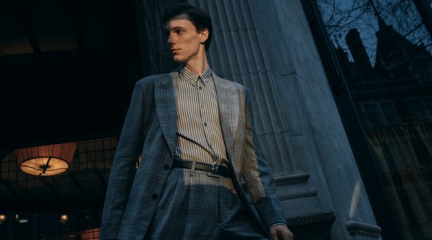 Giorgio Armani's Classic Tailoring is Front & Center for Mr Porter Capsule Tommaso de Benedictis wears a Prince of Wales checked silk and wool-blend suit jacket and trousers with a slim-fit striped wool and silk-blend shirt from Mr Porter.