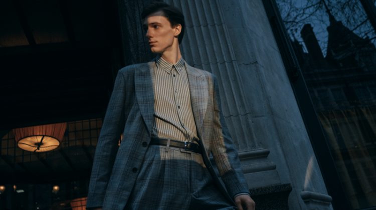 Tommaso de Benedictis wears a Prince of Wales checked silk and wool-blend suit jacket and trousers with a slim-fit striped wool and silk-blend shirt from Mr Porter.