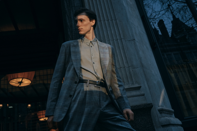 Tommaso de Benedictis wears a Prince of Wales checked silk and wool-blend suit jacket and trousers with a slim-fit striped wool and silk-blend shirt from Mr Porter.