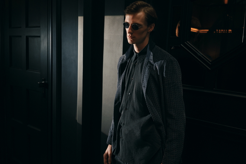 Model Tommaso de Benedictis dons a jacquard shirt jacket by Giorgio Armani for Mr Porter.