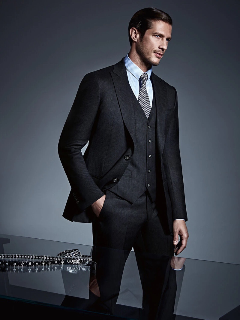 An elegant vision, Domenique Melchior suits up for Giorgio Armani's spring-summer 2021 Made to Measure campaign.