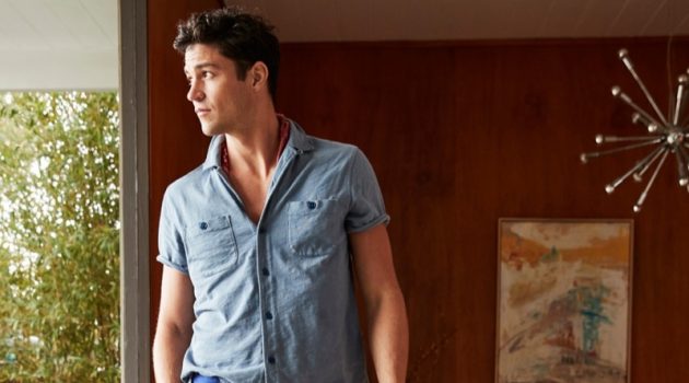 Miles McMillan & Salomon Diaz Embrace Spring Style from J.Crew Miles McMillan wears a short-sleeve shirt with pants from J.Crew.