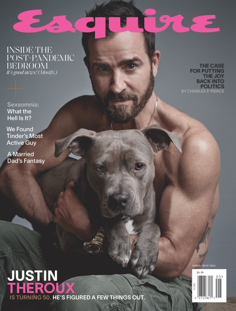 Justin Theroux goes shirtless as he covers the April-May 2021 issue of Esquire.