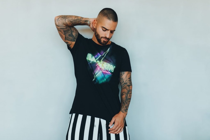 Front and center, Maluma sports a look from his Balmain capsule collection.