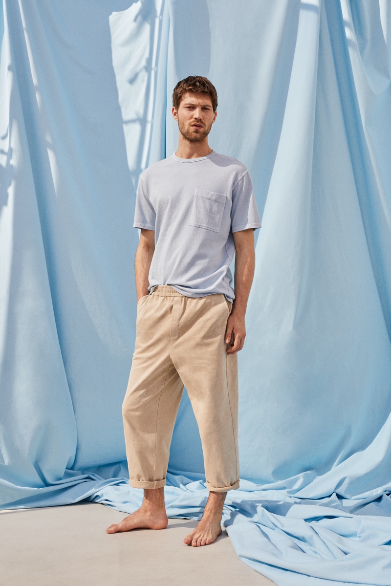 Donning relaxed proportions, Boyd Gates showcases clothes from Mango Committed's Mineral Dyes capsule collection.