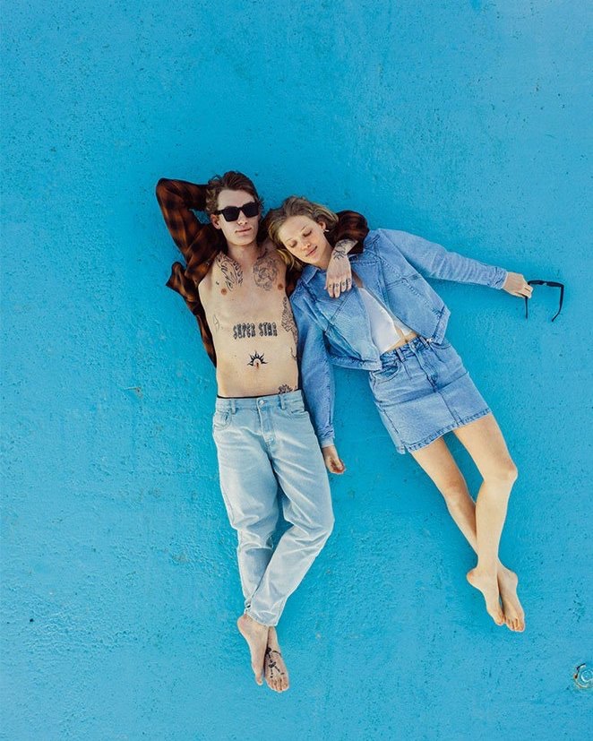 Models Anton Thiemke and Marie Maxime Lucassen wear spring denim from Reserved.