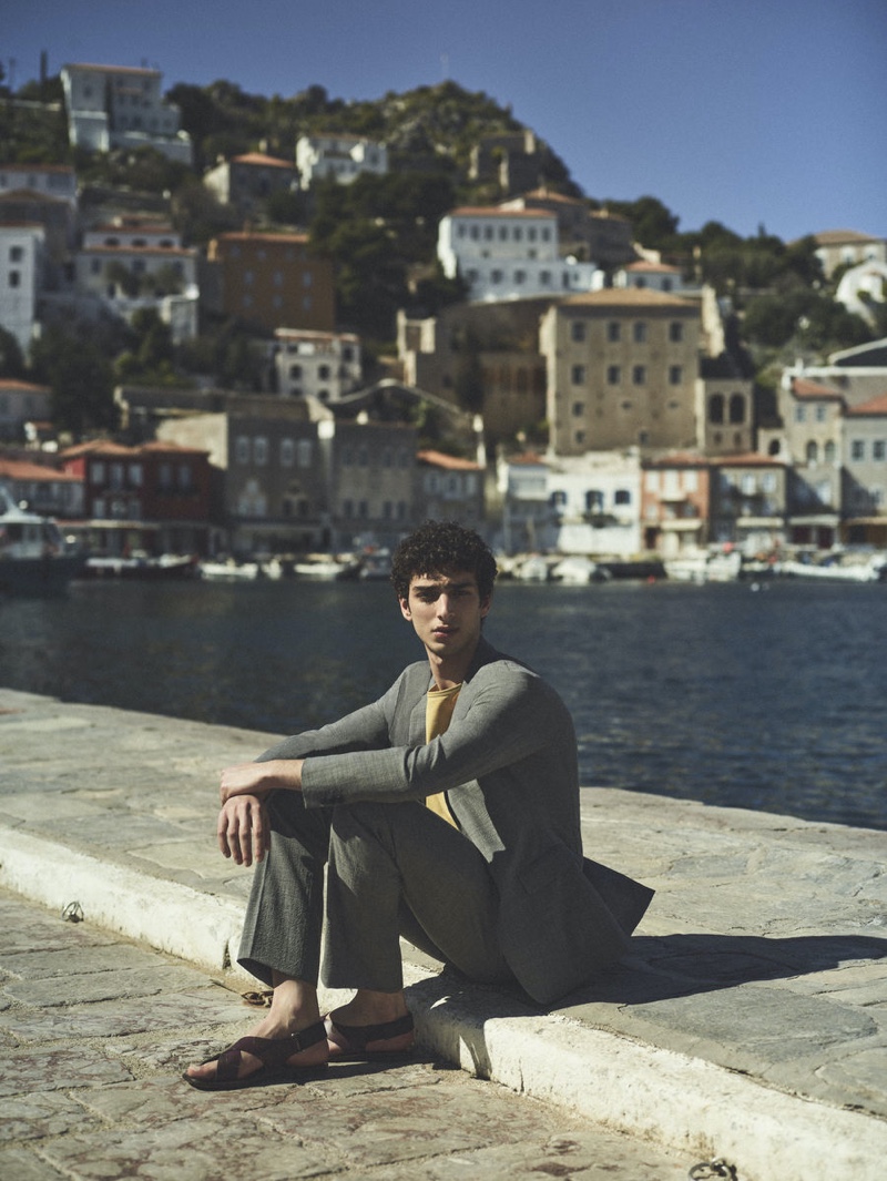 Donning a trim suit, Qaher Harhash stars in Theory's spring-summer 2021 campaign.