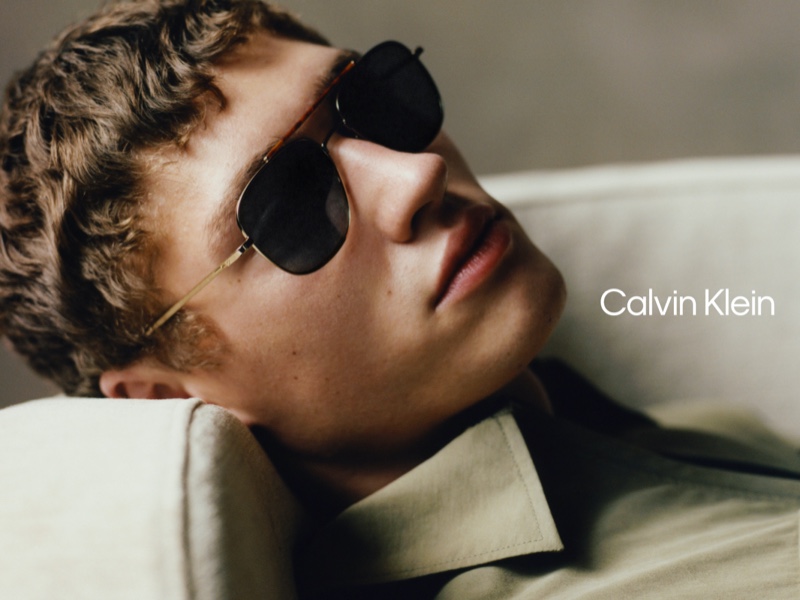 Sporting sunglasses, Valentin Humbroich appears in Calvin Klein's spring-summer 2021 campaign.