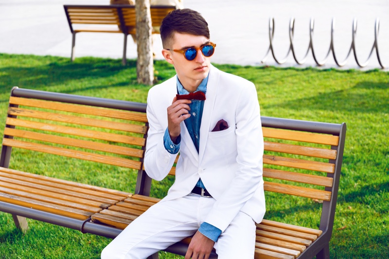 White Suit Park Bench Male Model