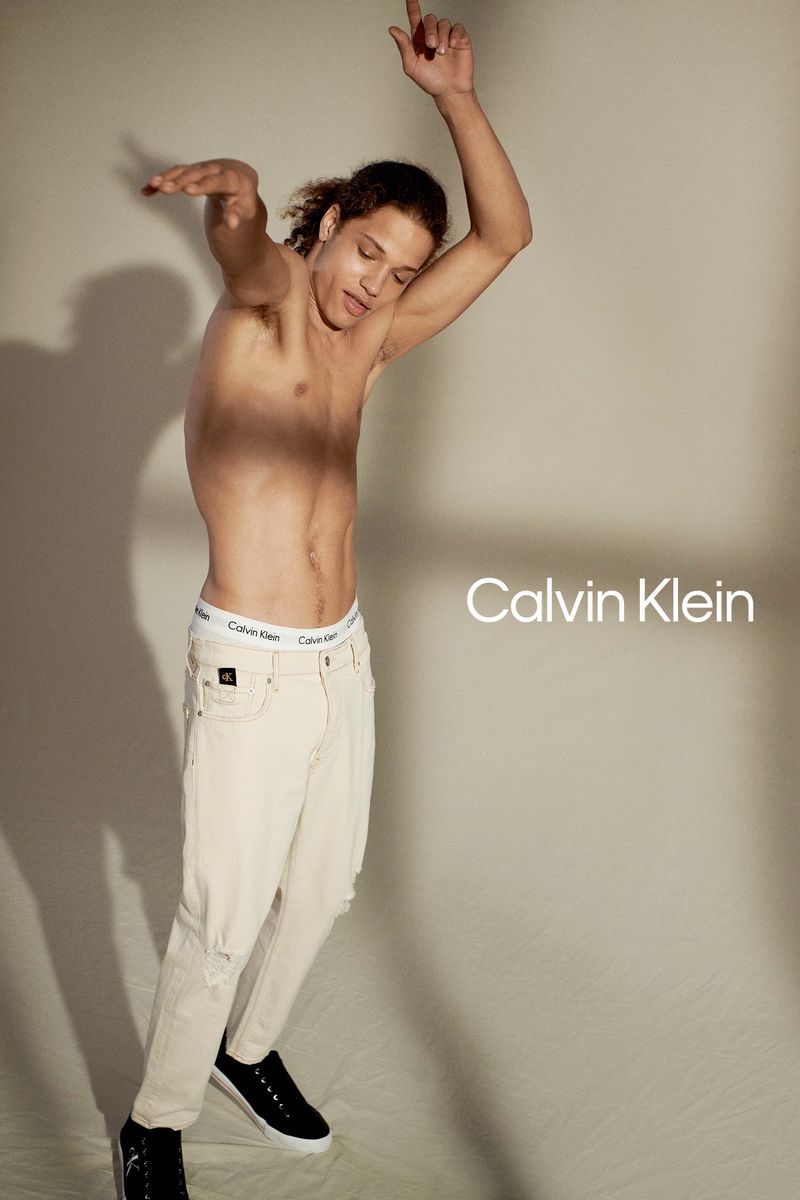 Going shirtless, Jaleen Oliver stars in Calvin Klein's spring-summer 2021 jeans campaign.