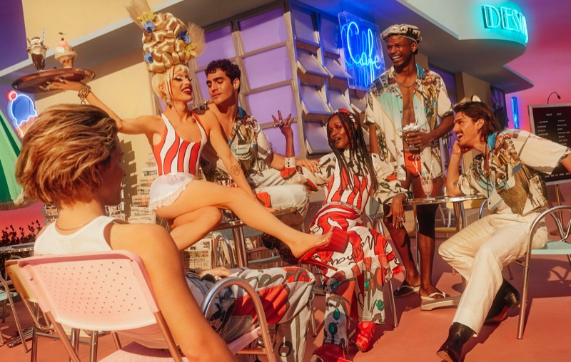 Biel Juste, Alaska Nebraska, Jhonattan Burjack, Michelle Elie, Loui Martínez, and Jose Manuel Pradas star in the Desigual x Esteban Cortazar capsule collection campaign.