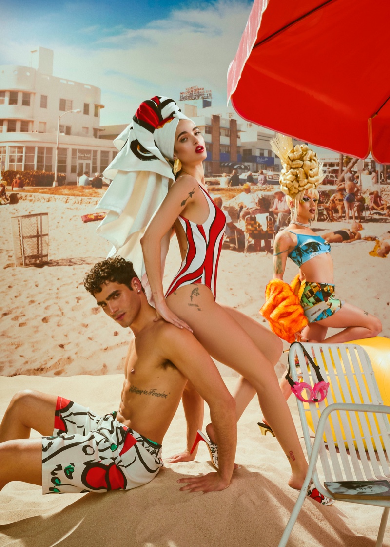 Jhonattan Burjack, Chiara Scelsi, and Alaska Nebraska hit the beach in the Desigual x Esteban Cortazar capsule collection.