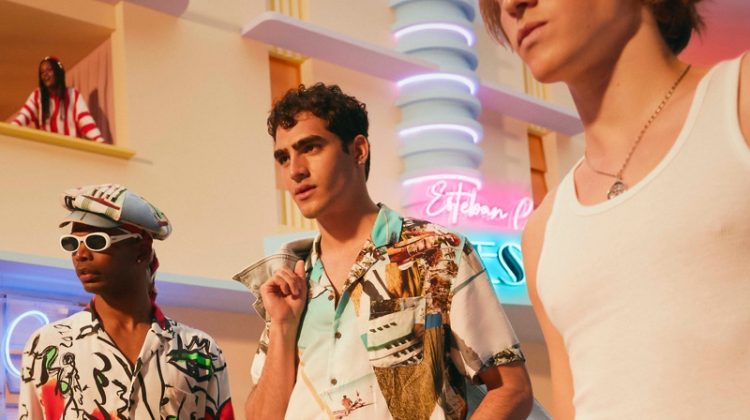 Loui Martínez, Jhonattan Burjack, and Biel Juste wear fashions from the new Desigual x Esteban Cortazar capsule collection.