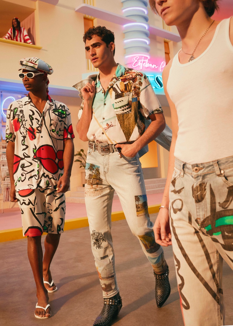 Loui Martínez, Jhonattan Burjack, and Biel Juste wear fashions from the new Desigual x Esteban Cortazar capsule collection.