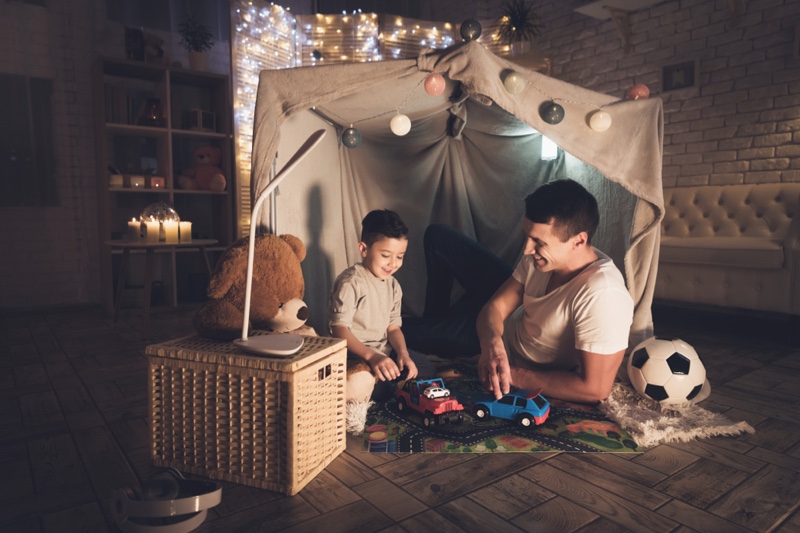 Father Son Playing Night Room Lights
