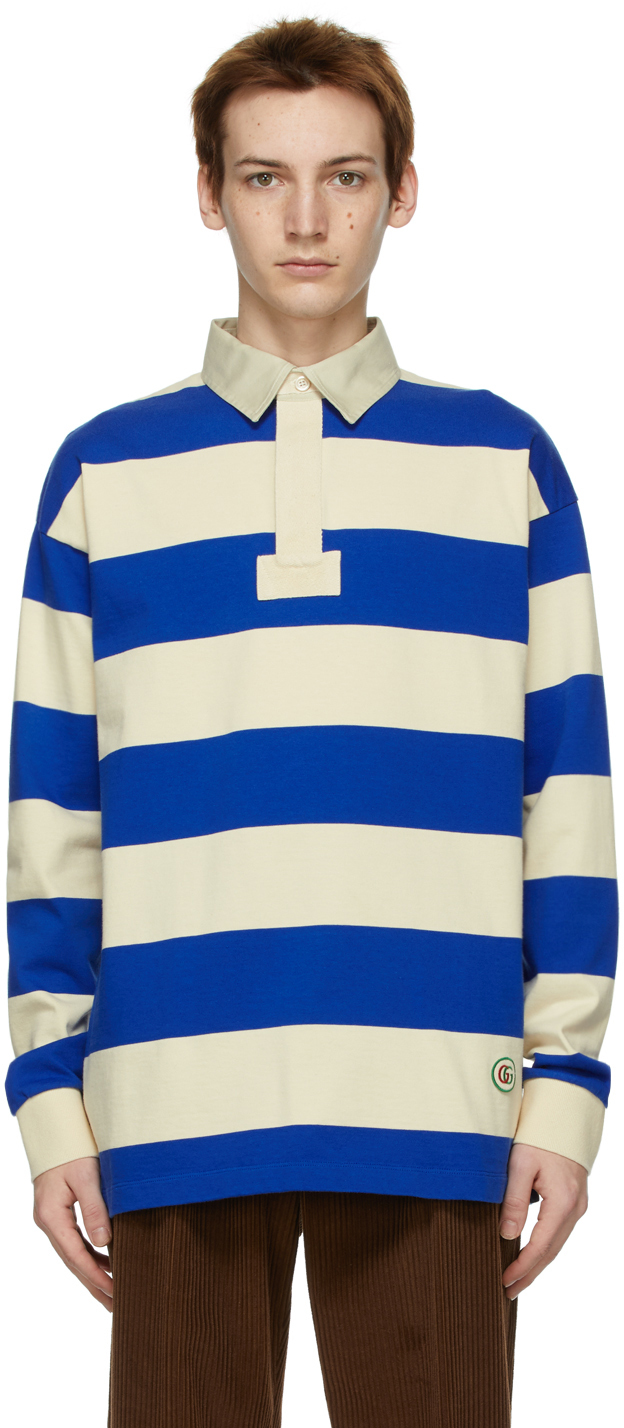 Gucci Blue & Beige Striped Long Sleeve Polo | The Fashionisto