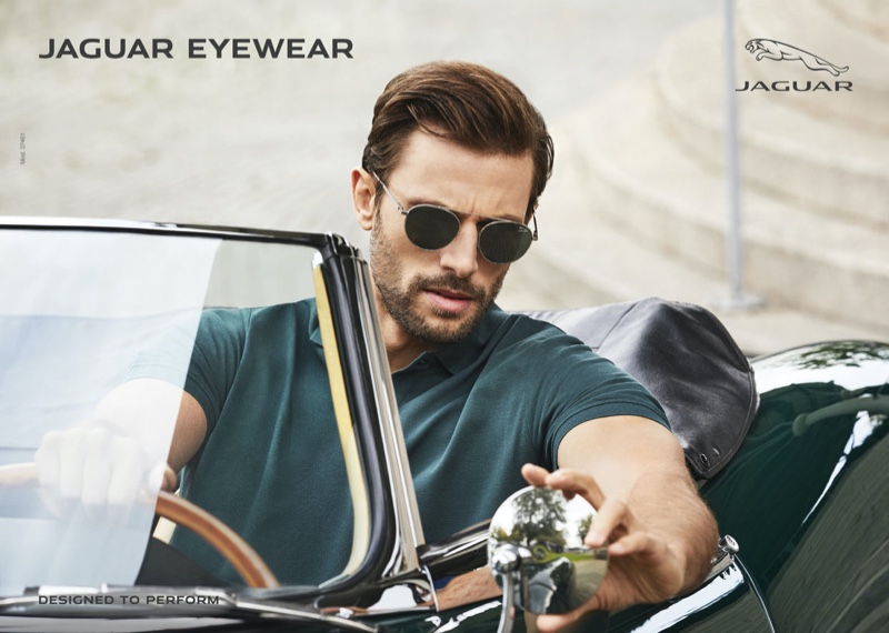 Driving a vintage car, Baptiste Mayeux fronts Jaguar Eyewear's summer 2021 campaign.