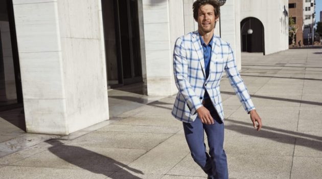 Rollerblading, Josh Upshaw inspires in a tailored ensemble from Kiton for Neiman Marcus.