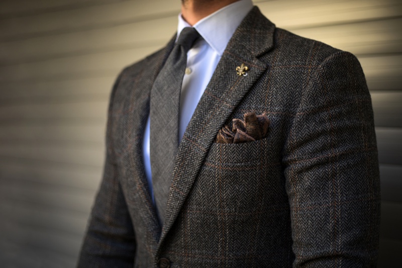 Male Model Cropped Wool Suit Pocket Square