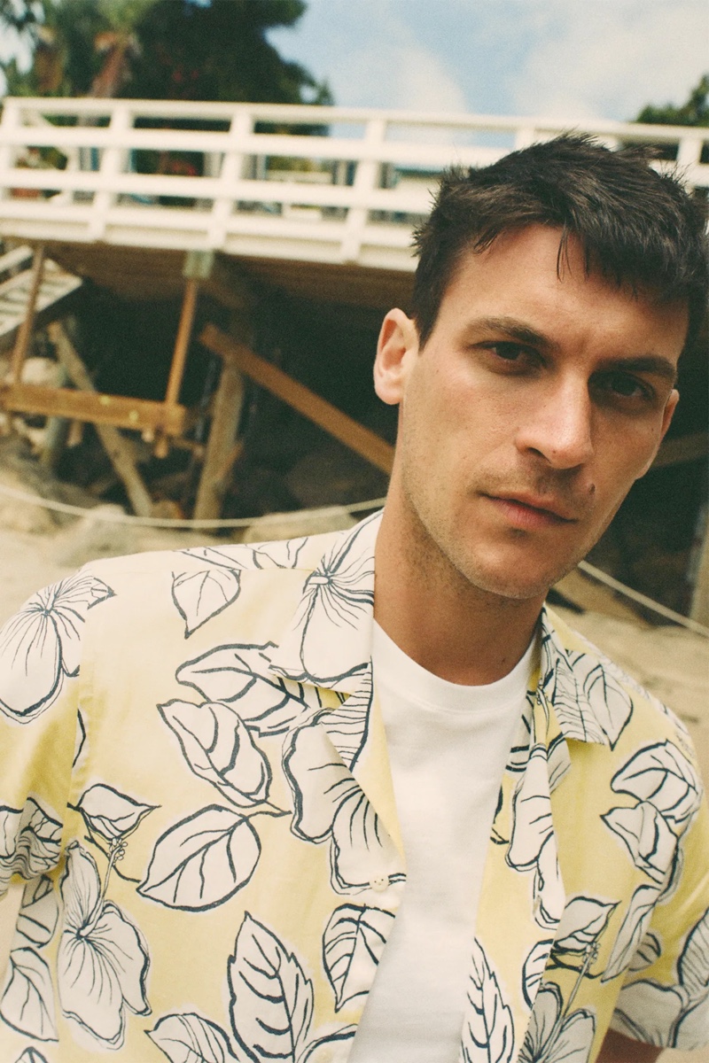 Making a graphic statement, Miles Garber dons a yellow shirt from Zara. » Miles Garber Inspires in Summer Style for Zara Making a graphic statement, Miles Garber dons a yellow shirt from Zara.