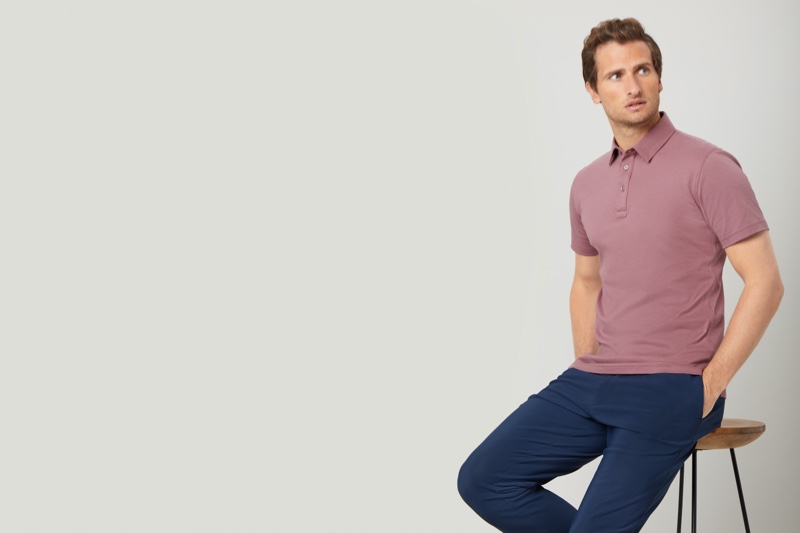 British model Tom Warren sports one of Niccolò P. London's must-have polo shirts. 