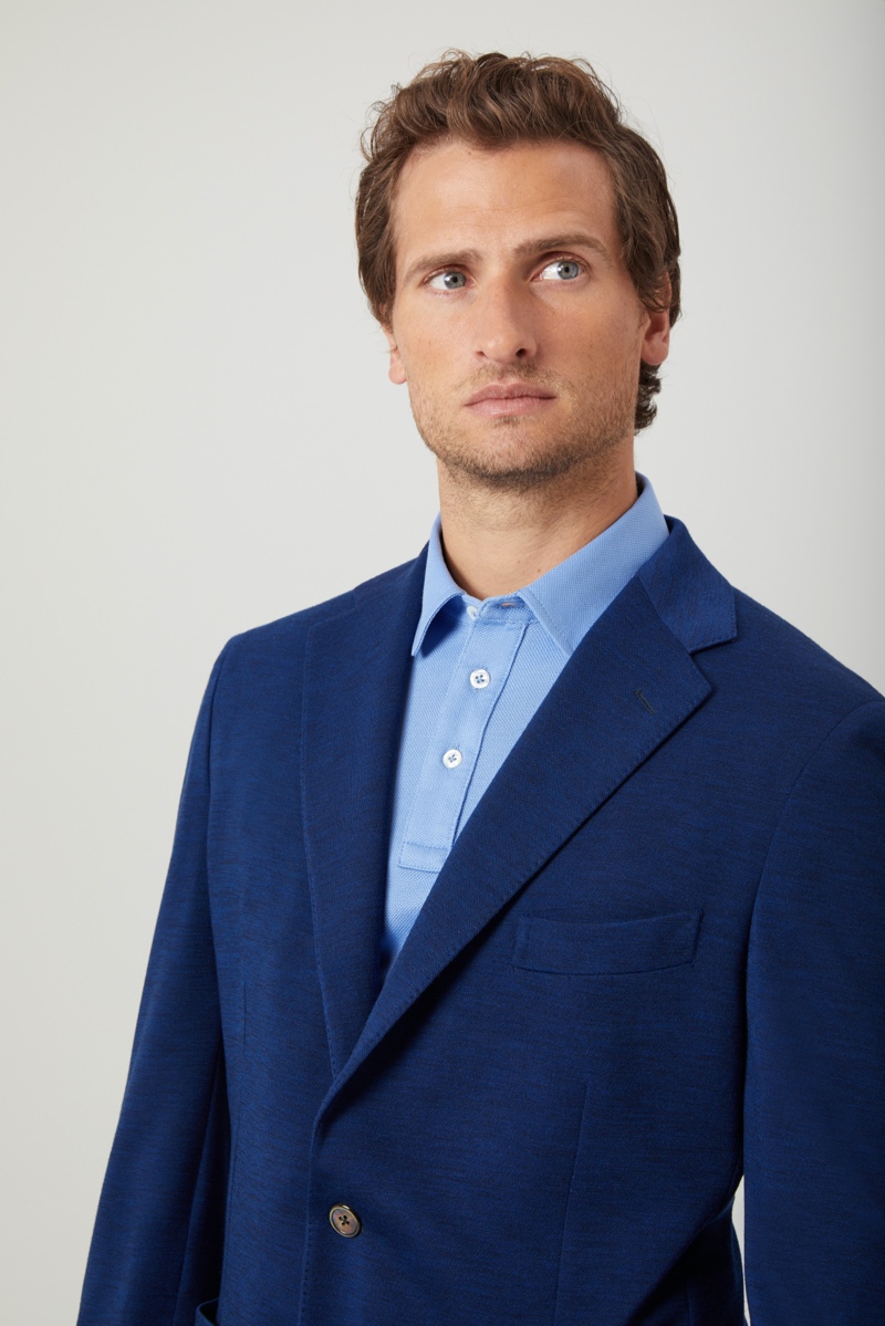 Tom Warren models a Niccolò P. London polo shirt with an upcoming blazer from the brand.