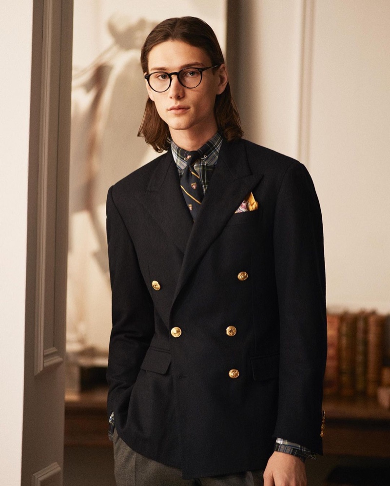 A smart vision, Wellington Grant models a double-breasted jacket by POLO Ralph Lauren.