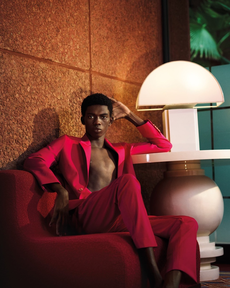 Ottawa Kwami is striking in a red suit for Paul Smith's spring-summer 2021 campaign.